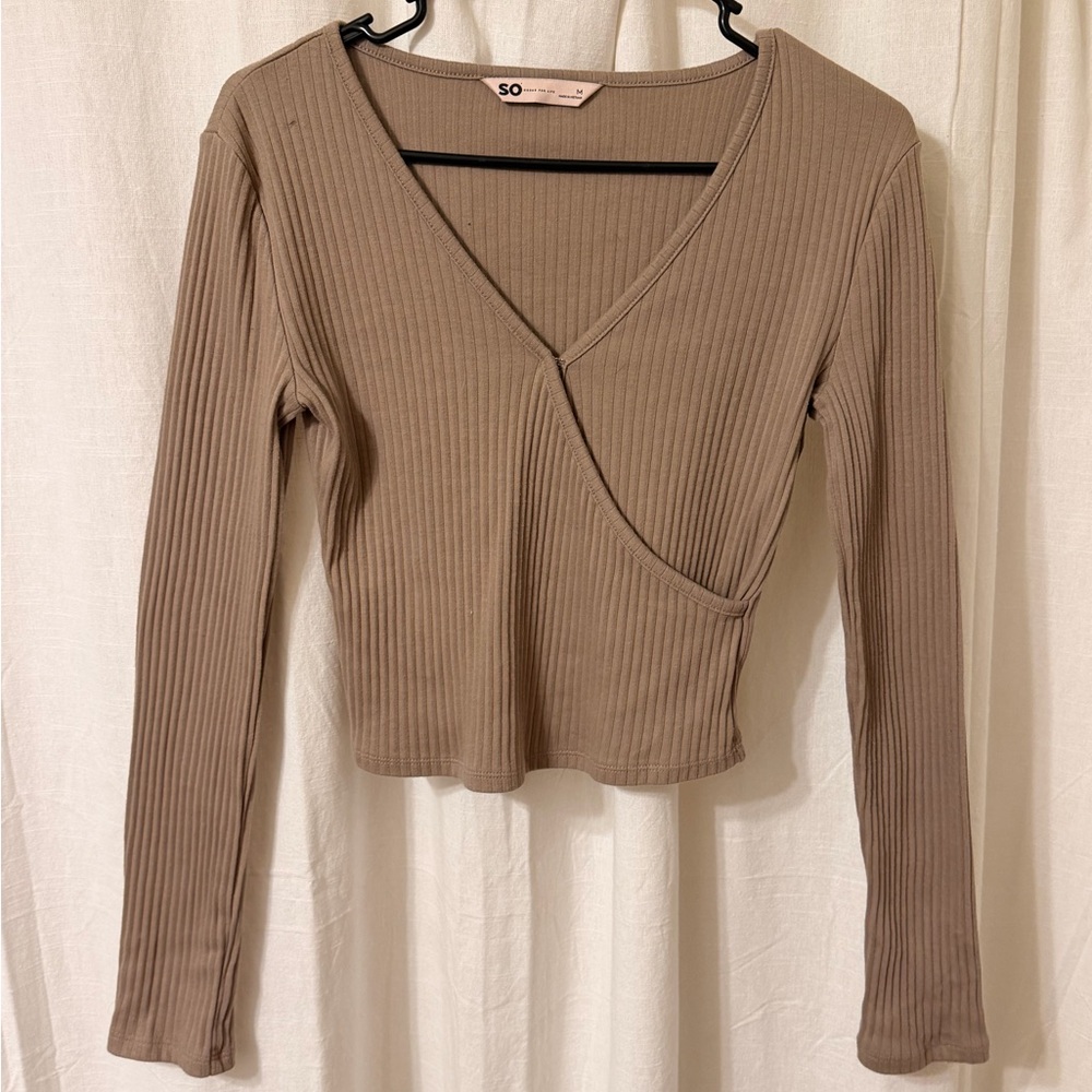 SO Ribbed Wrap-Style Long Sleeve Top in Taupe